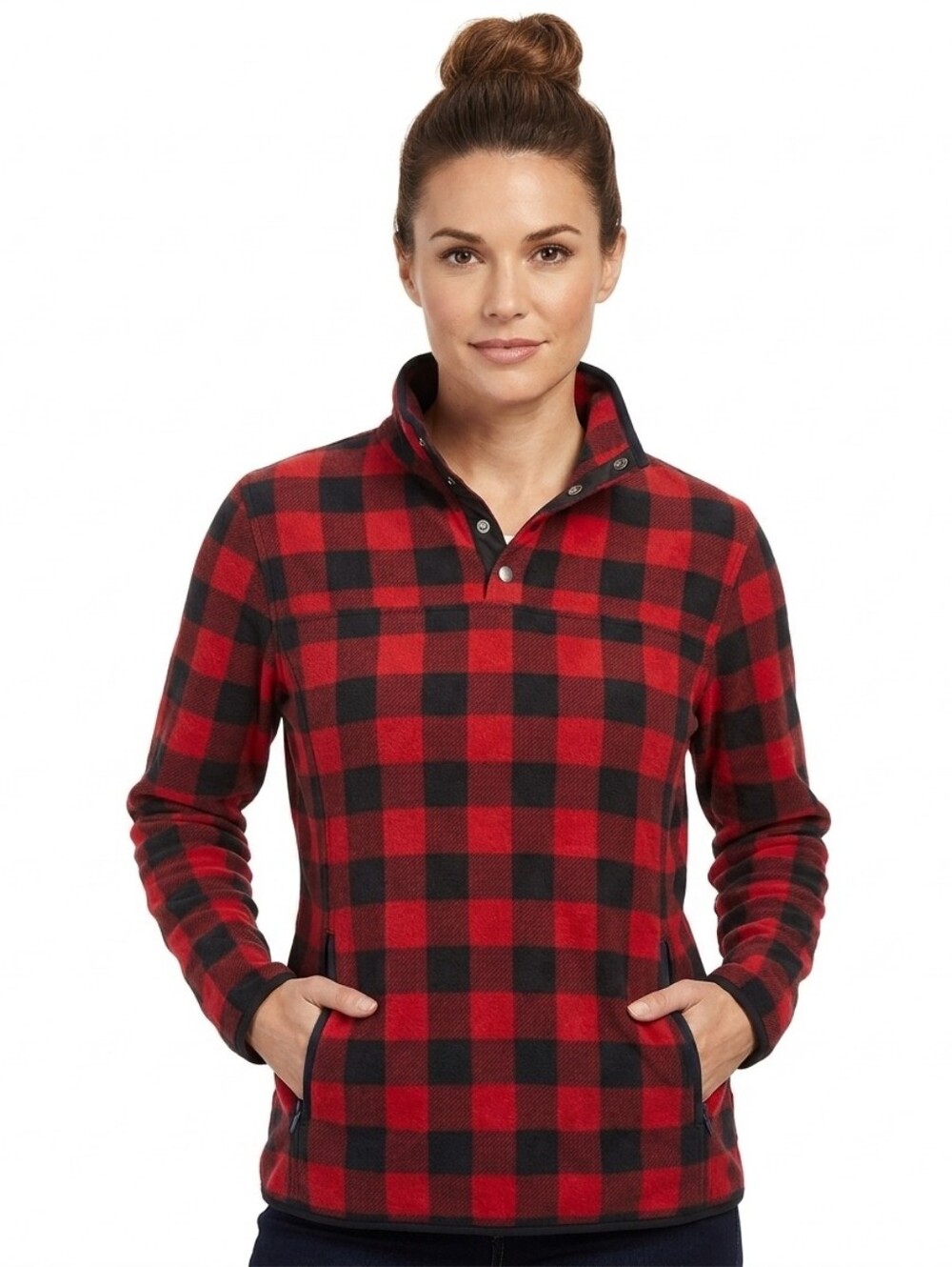 ​Eddie Bauer Red Black Buffalo Plaid Fleece Snap Neck Pullover Sweater Womens S